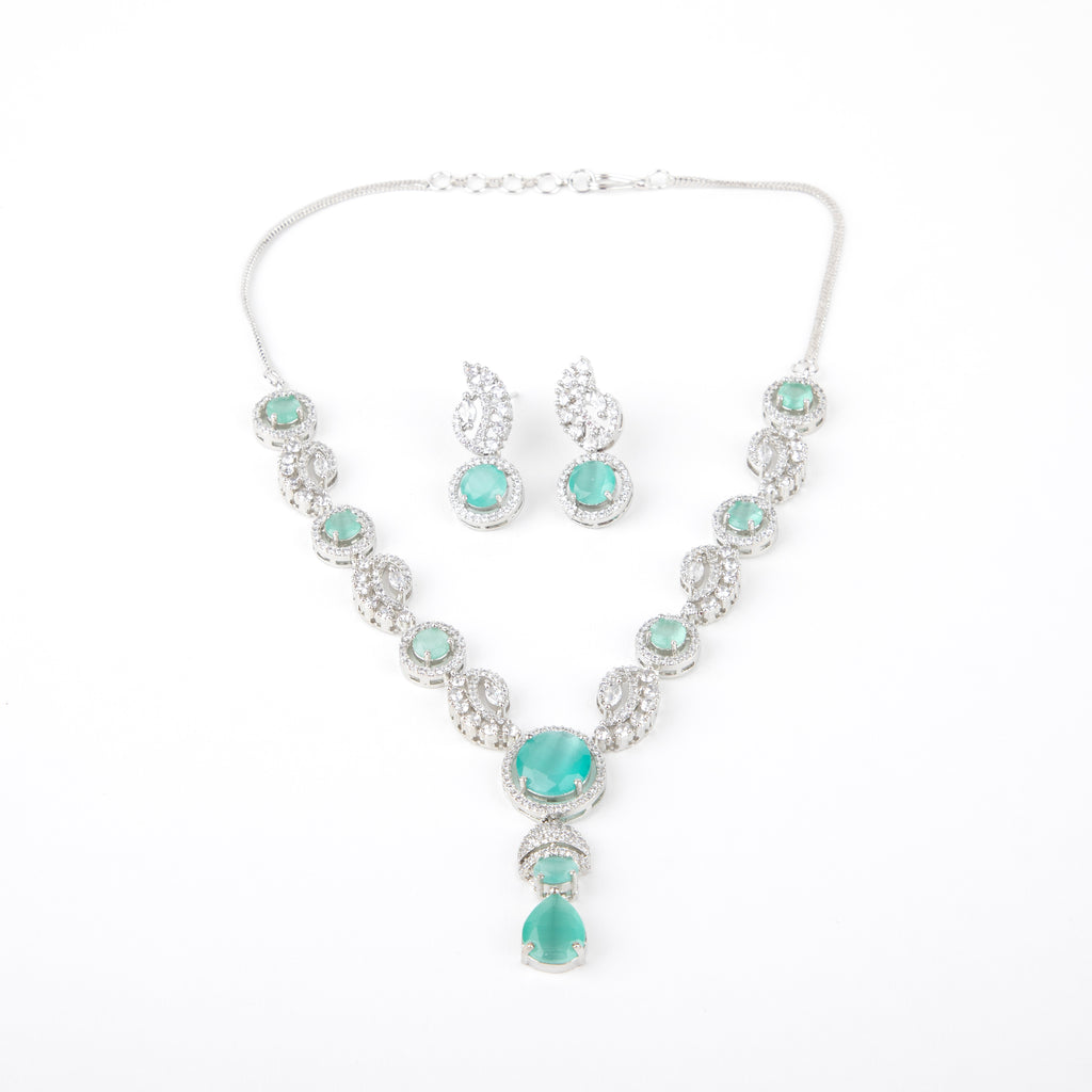 LA FILLE D'OR Elegant aquamarine and White Crystal Necklace Set with Earrings (MINT GREEN, ONE SIZE)