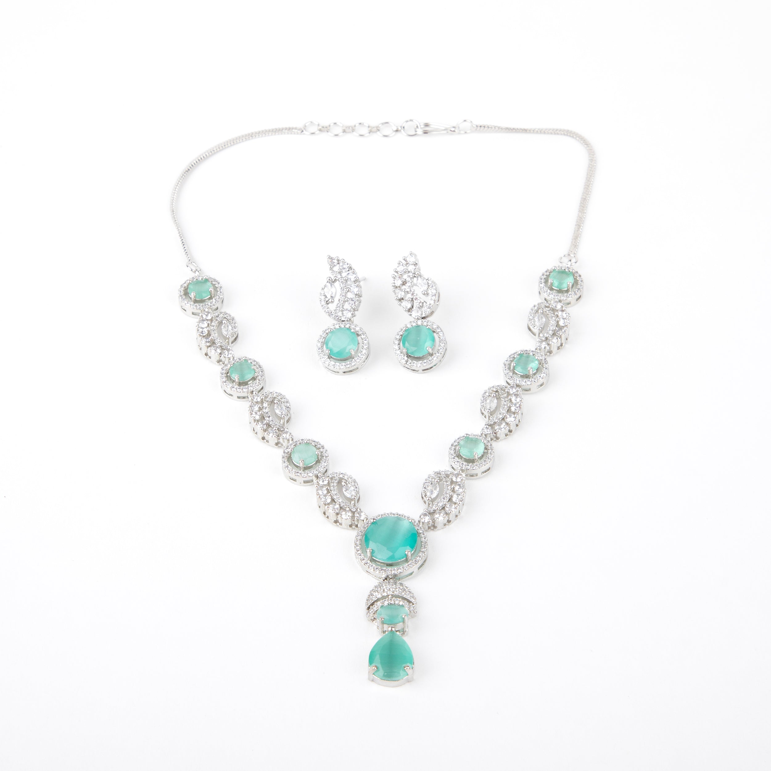 LA FILLE D'OR Elegant aquamarine and White Crystal Necklace Set with Earrings (MINT GREEN, ONE SIZE)