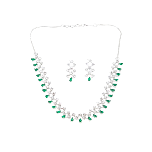 Emerald and Cubic Zirconia Necklace Set, 42 cm Necklace with Earrings (EMRALD GREEN, ONE SIZE)
