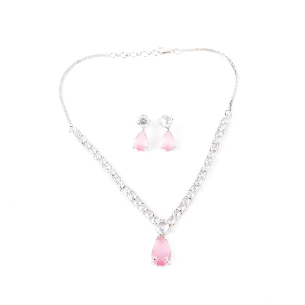 PINK Teardrop Necklace Set with Cubic Zirconia (PINK, ONE SIZE)