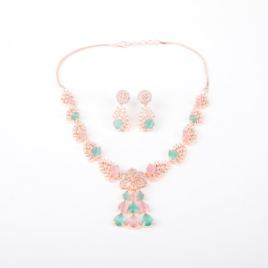 Elegant Rose Gold Necklace Set with Pink and Mint Green stones.