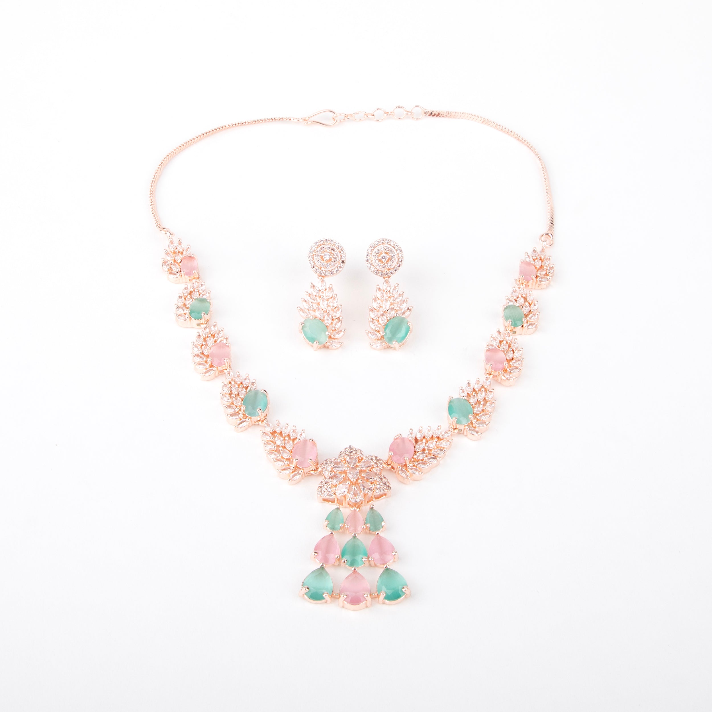 Elegant Rose Gold Necklace Set with Pink and Mint Green stones.