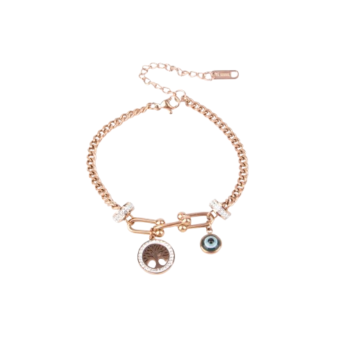 LA FILLE D'OR Double Layer Chain Bracelet with Evil Eye and Crystal Charms, Rose Gold Toned, Blue Sapphire Accents