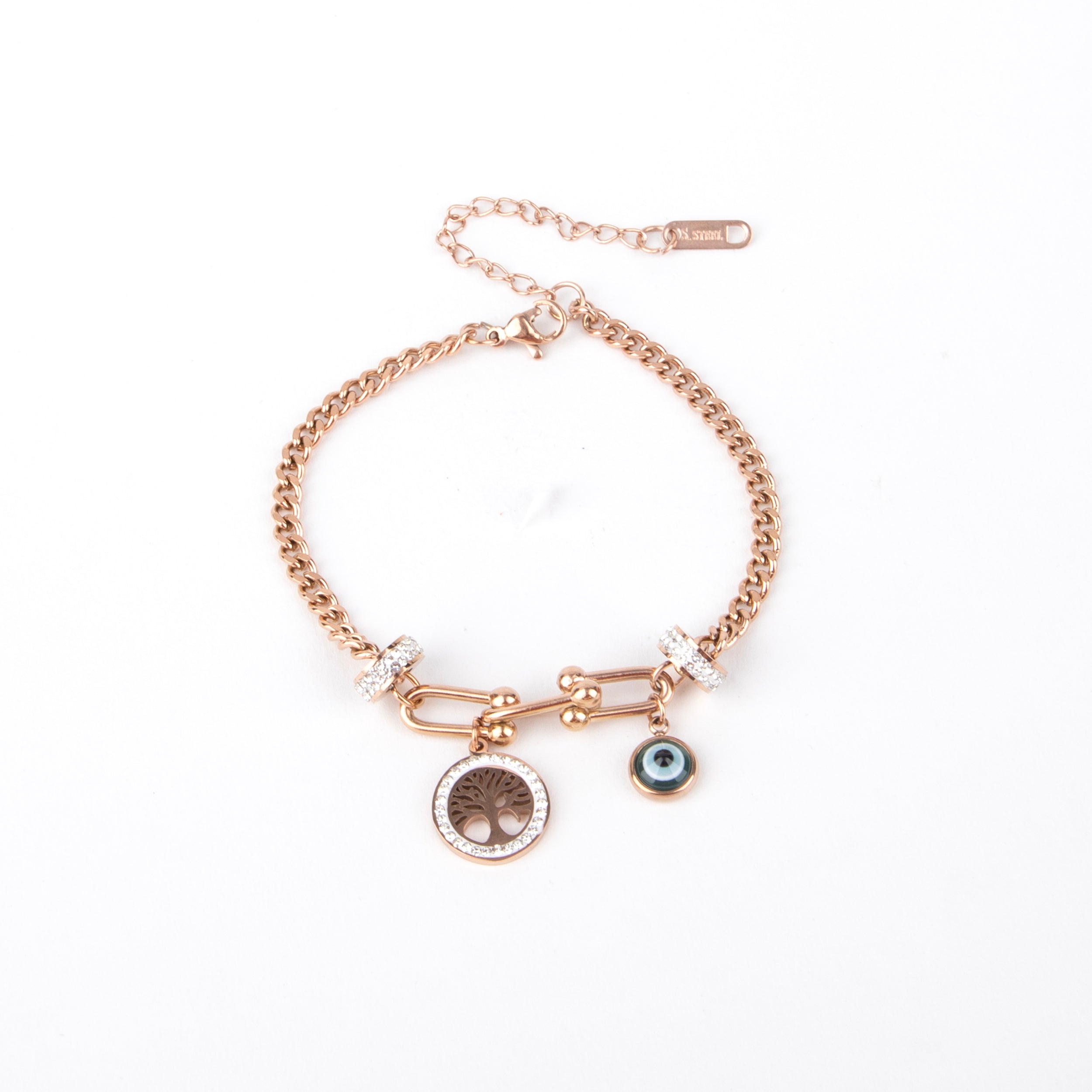 LA FILLE D'OR Double Layer Chain Bracelet with Evil Eye and Crystal Charms, Rose Gold Toned, Blue Sapphire Accents