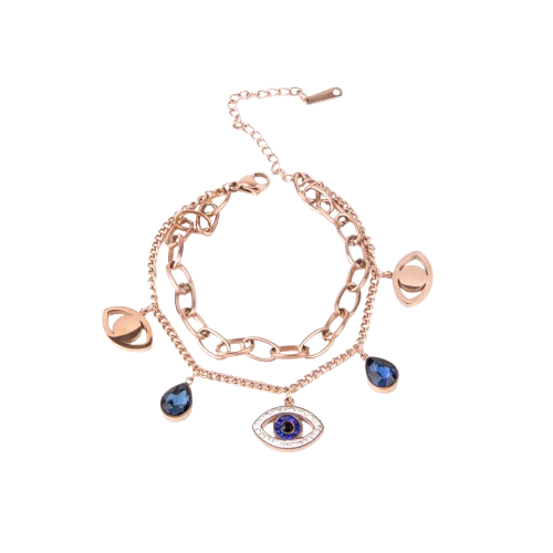 LA FILLE D'OR Evil Eye Charm Bracelet, Rose Gold toned Double Chain with hamsa Hand Pendant, Blue Evil Eye Beads