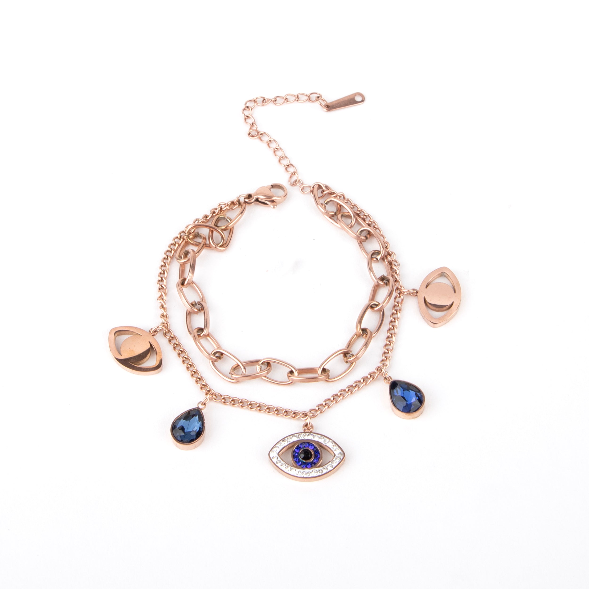 LA FILLE D'OR Evil Eye Charm Bracelet, Rose Gold toned Double Chain with hamsa Hand Pendant, Blue Evil Eye Beads