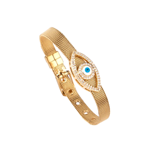 LA FILLE D'OR Evil Eye Mesh Bracelet, Gold-toned Crystal Adjustable Bangle with Blue Eye Charm (GOLD, One Size)