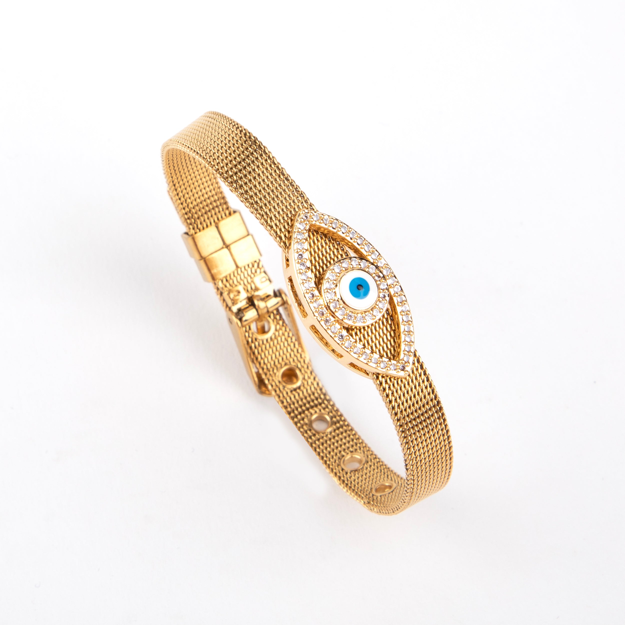 LA FILLE D'OR Evil Eye Mesh Bracelet, Gold-toned Crystal Adjustable Bangle with Blue Eye Charm (GOLD, One Size)