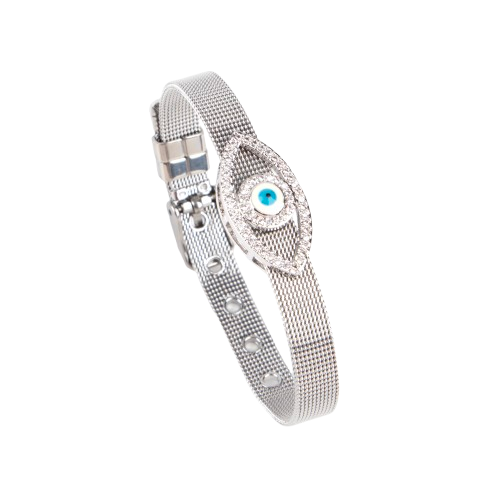 LA FILLE D'OR Evil Eye Mesh Bracelet, Silver -toned Crystal Adjustable Bangle with Blue Eye Charm (SILVER, One Size)