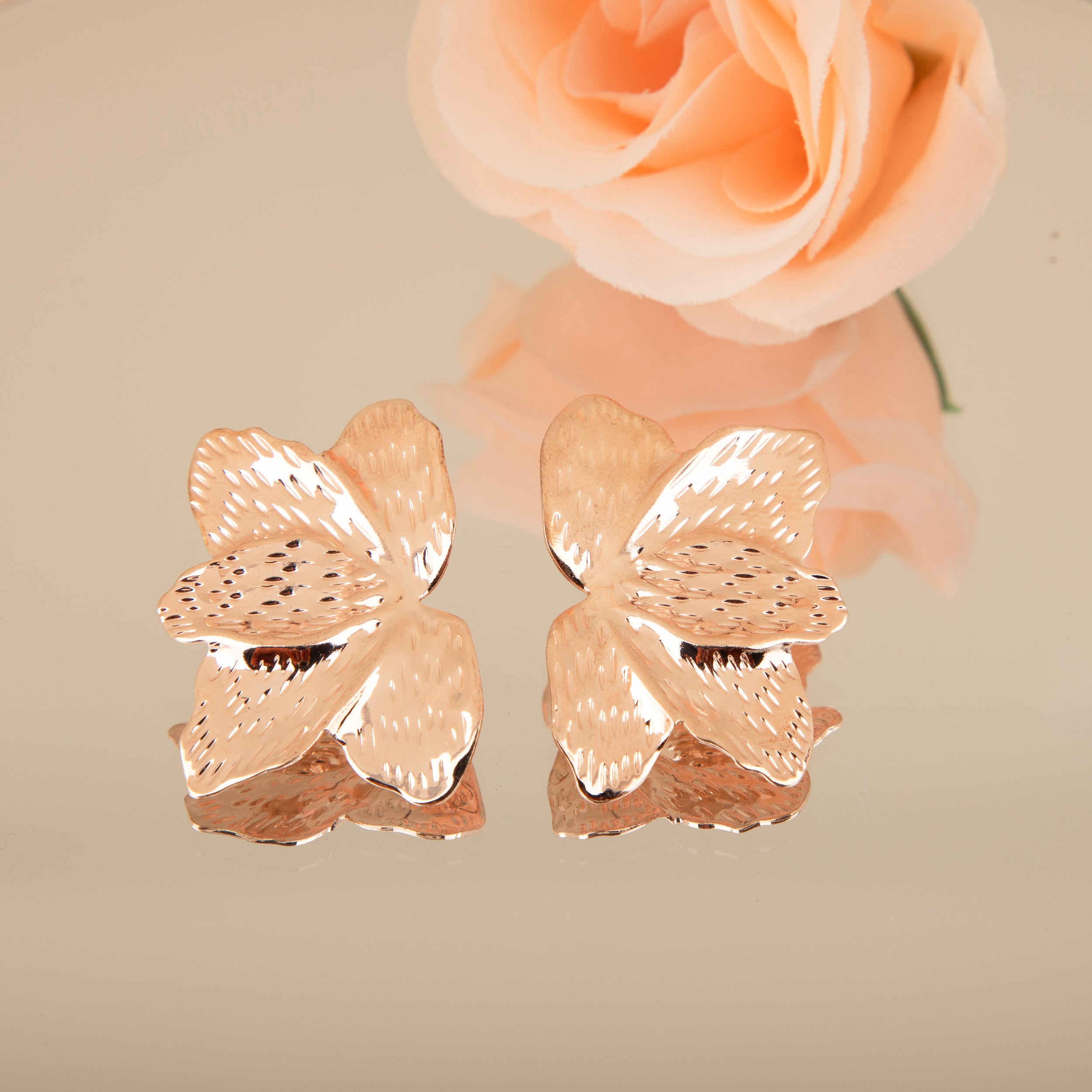 LA FILLE D'OR Rose Gold Plated Floral Stud Earrings