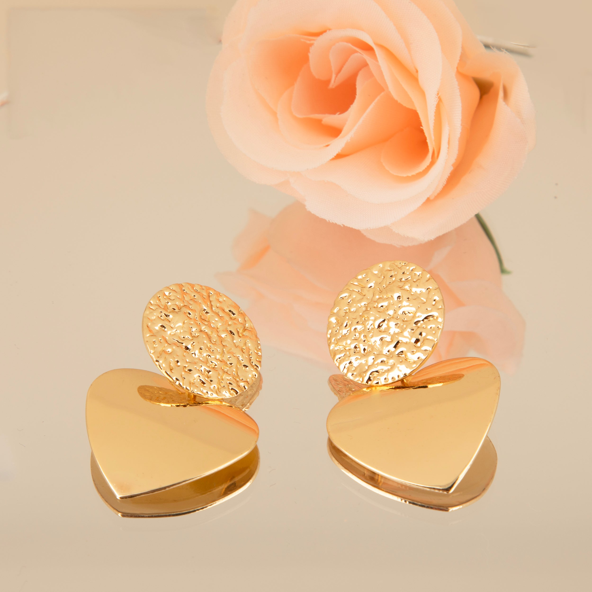 LA FILLE D'OR Handcrafted Floral Stud Earrings, Gold Plated, Heart Shaped