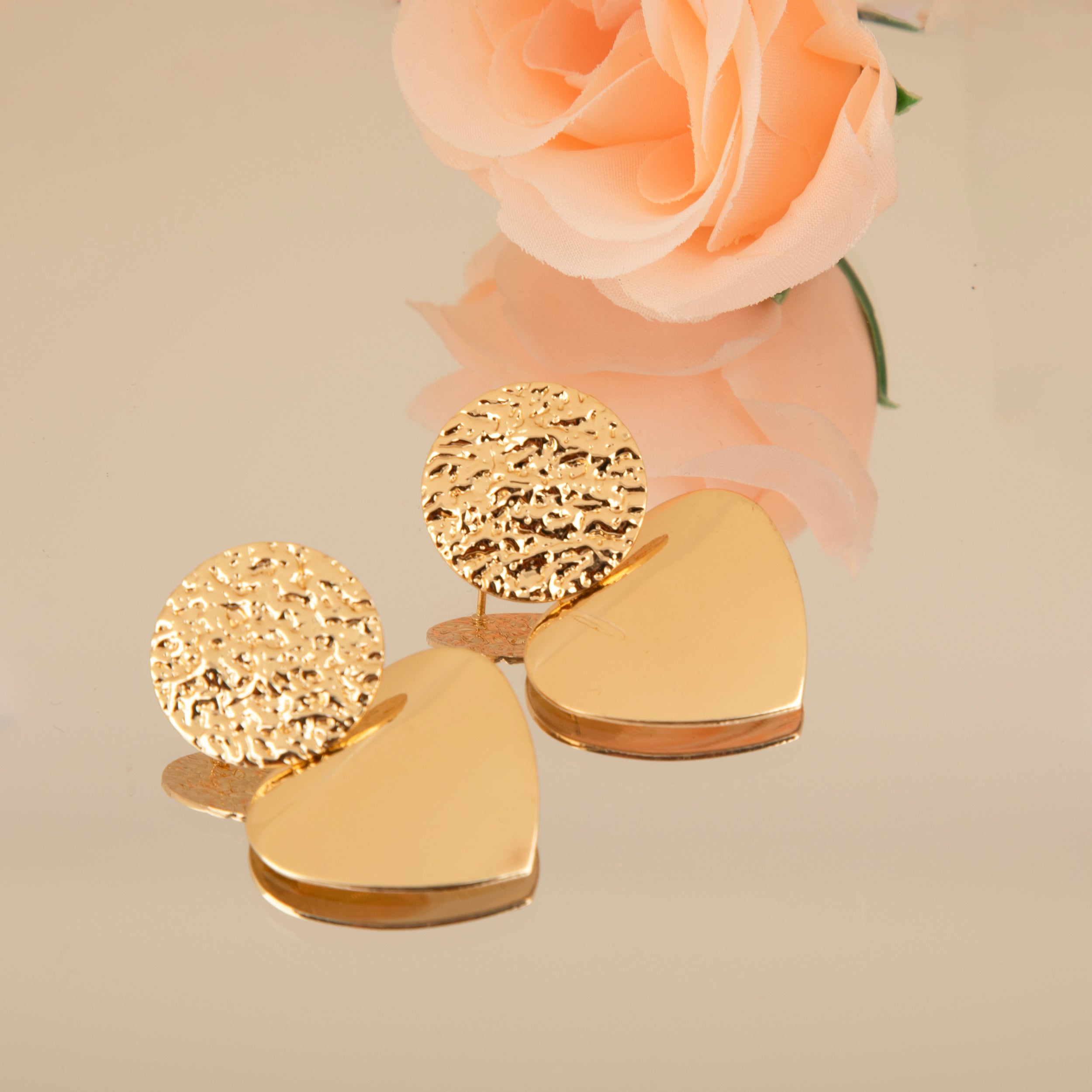 LA FILLE D'OR Handcrafted Floral Stud Earrings, Gold Plated, Heart Shaped