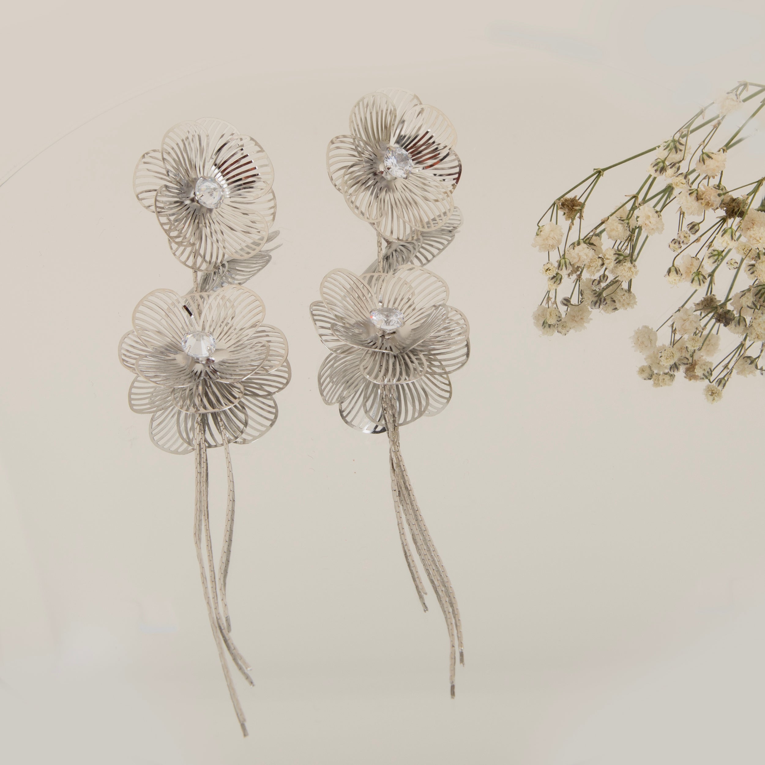 Filigree Double Flower Drop Earrings with Crystals