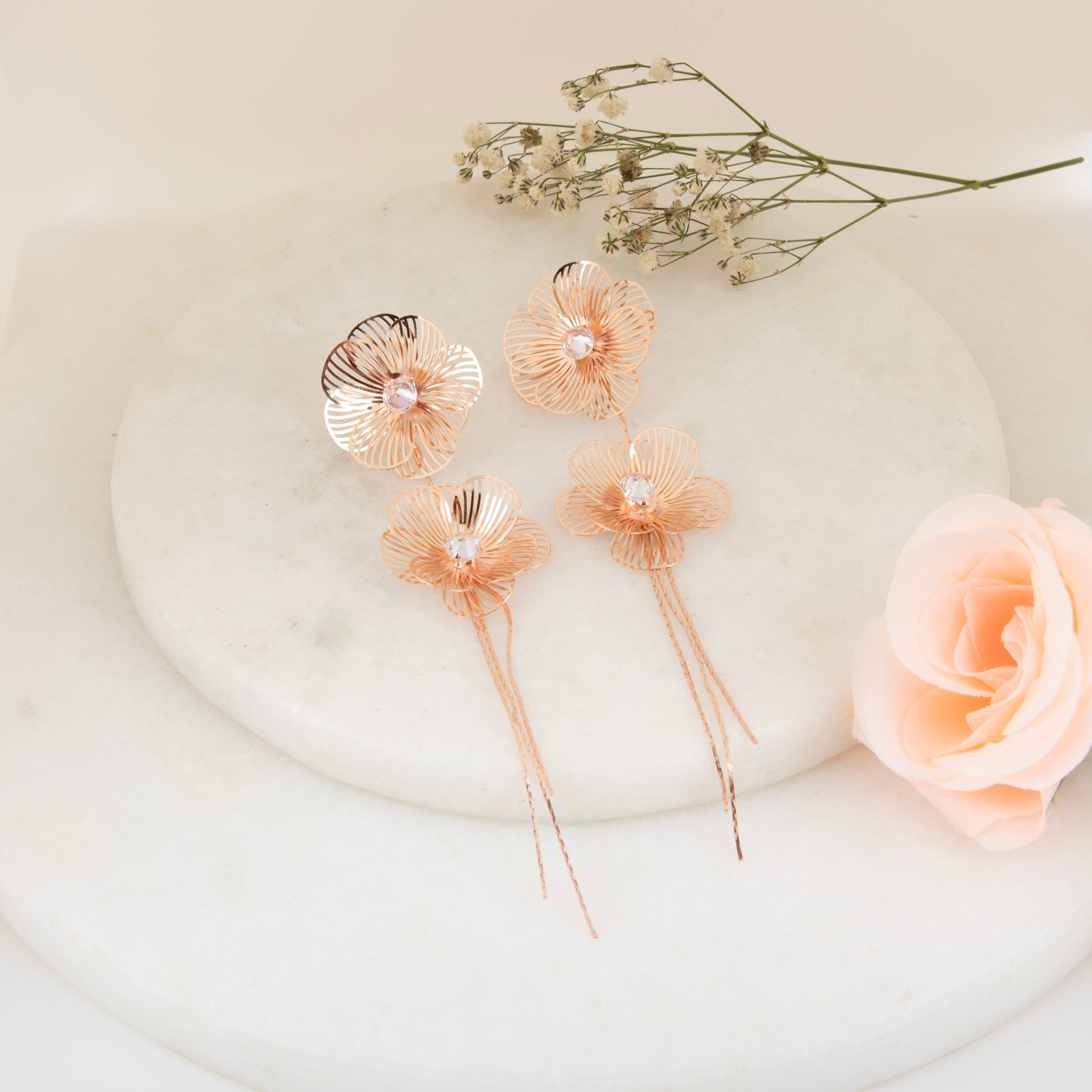 Filigree Double Flower Drop Earrings with Crystals