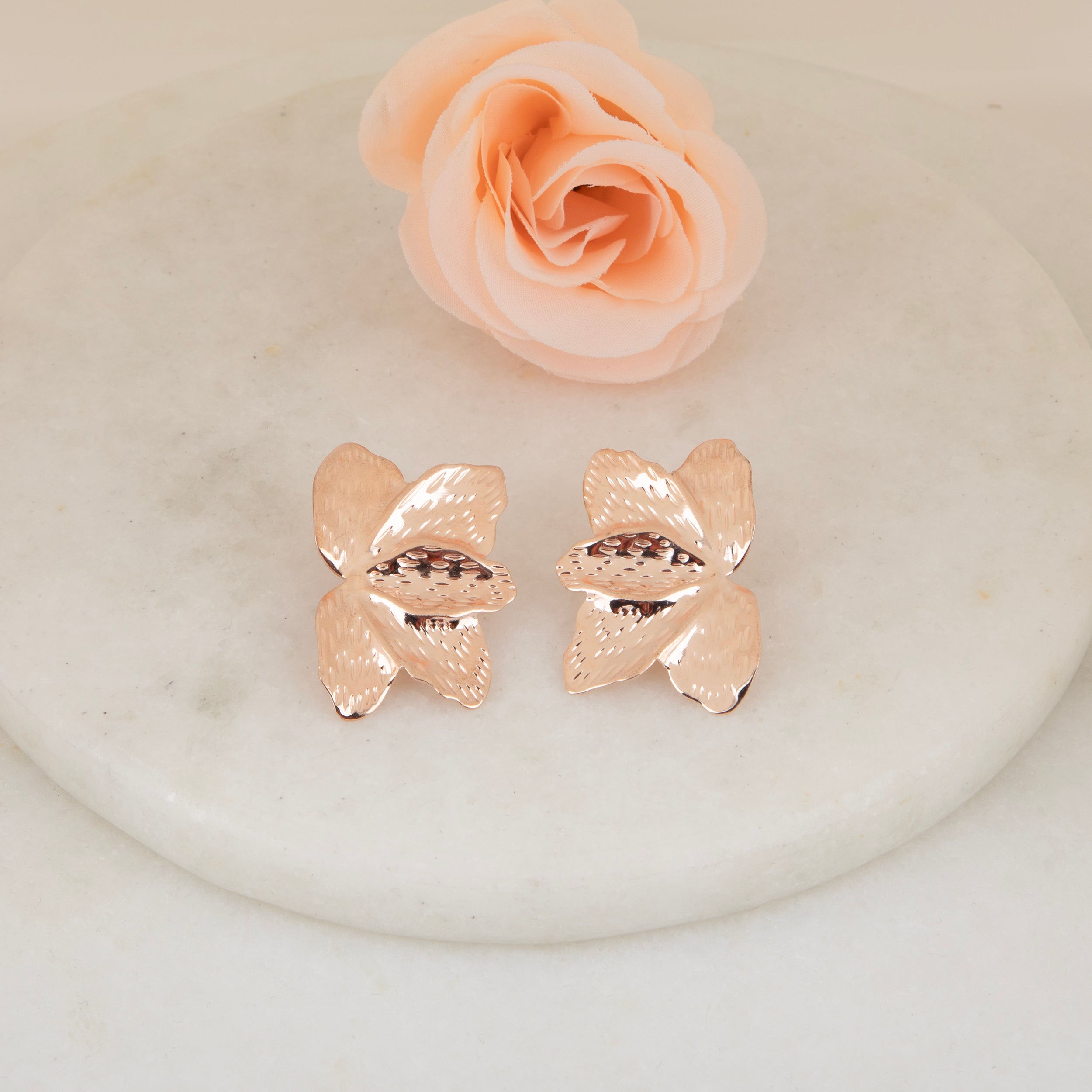 LA FILLE D'OR Rose Gold Plated Floral Stud Earrings