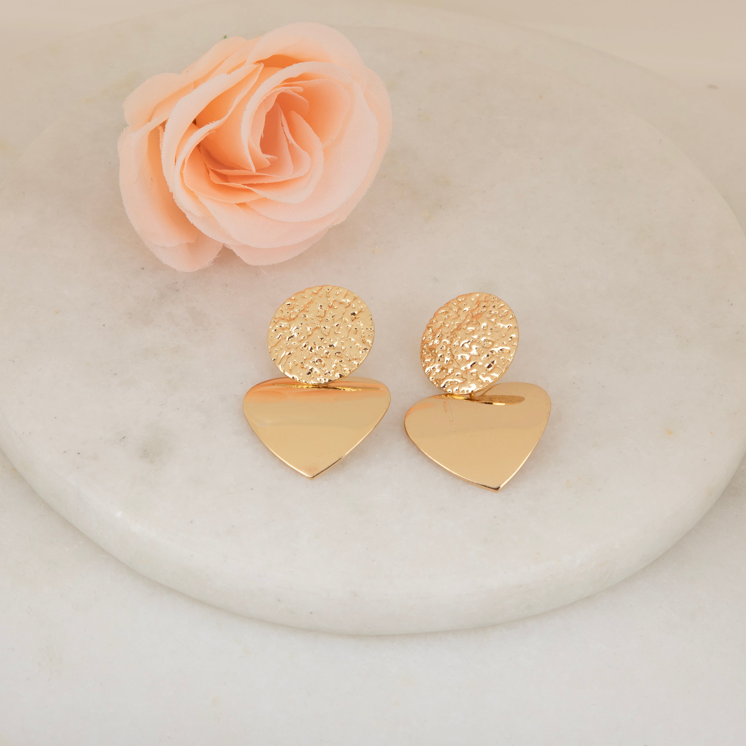 LA FILLE D'OR Handcrafted Floral Stud Earrings, Gold Plated, Heart Shaped