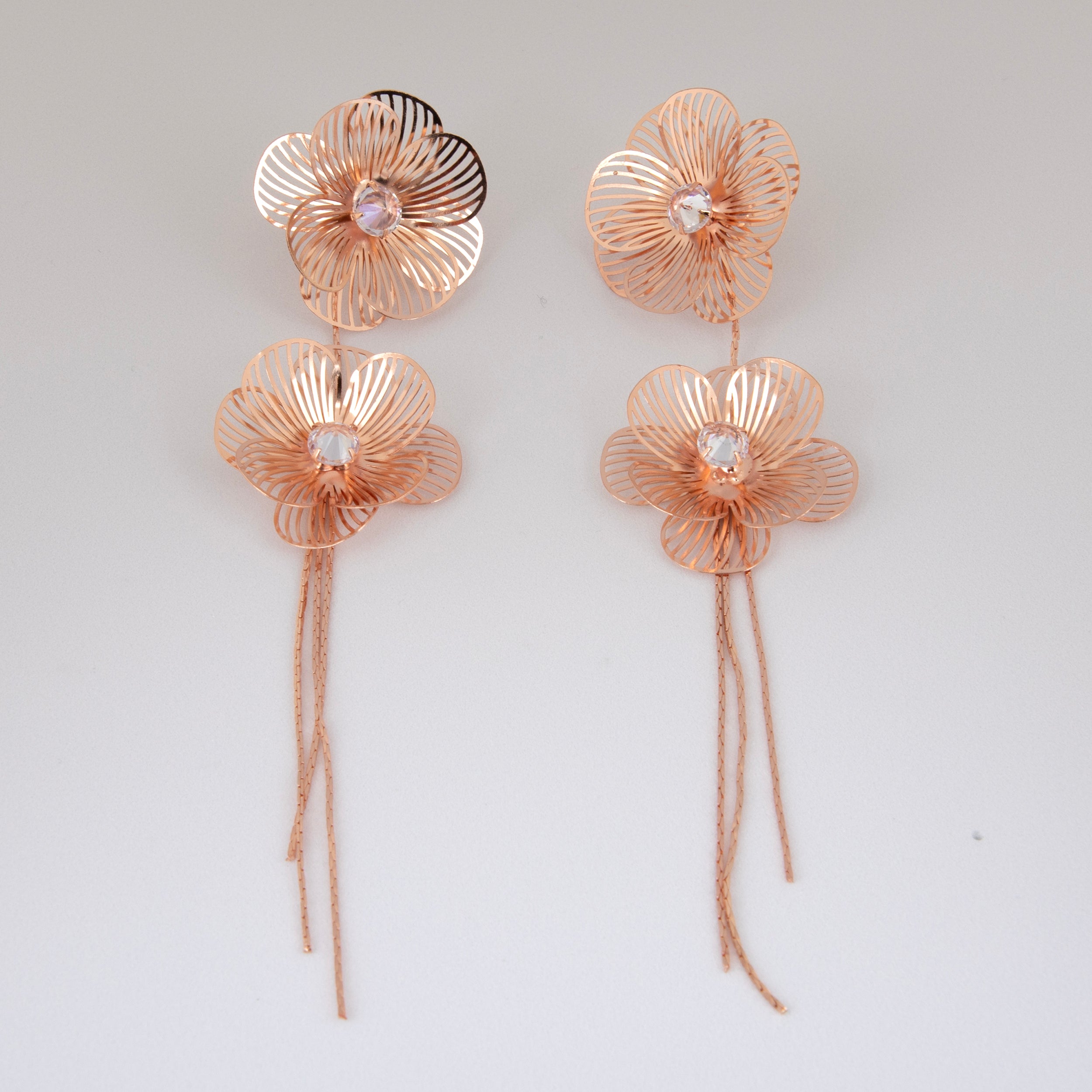 Filigree Double Flower Drop Earrings with Crystals