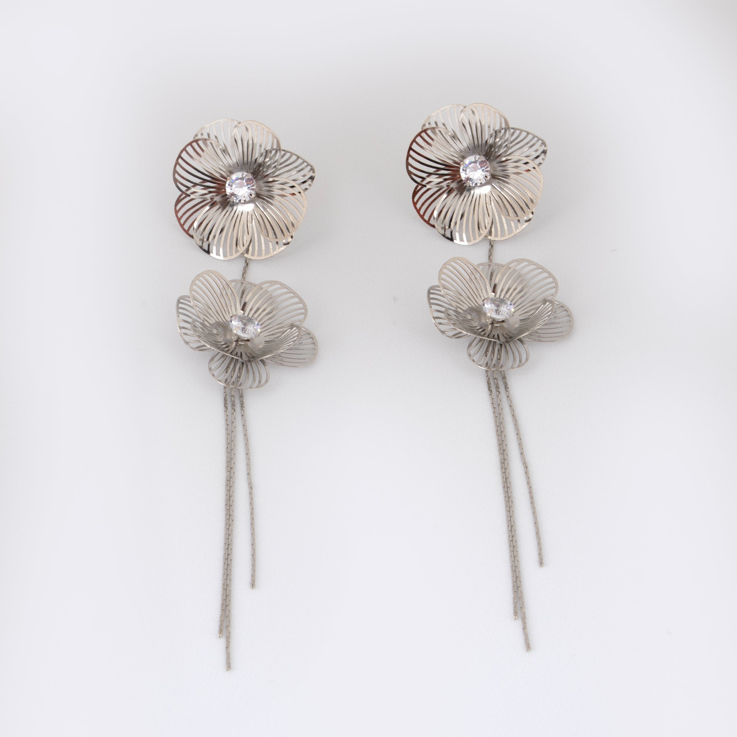 Filigree Double Flower Drop Earrings with Crystals