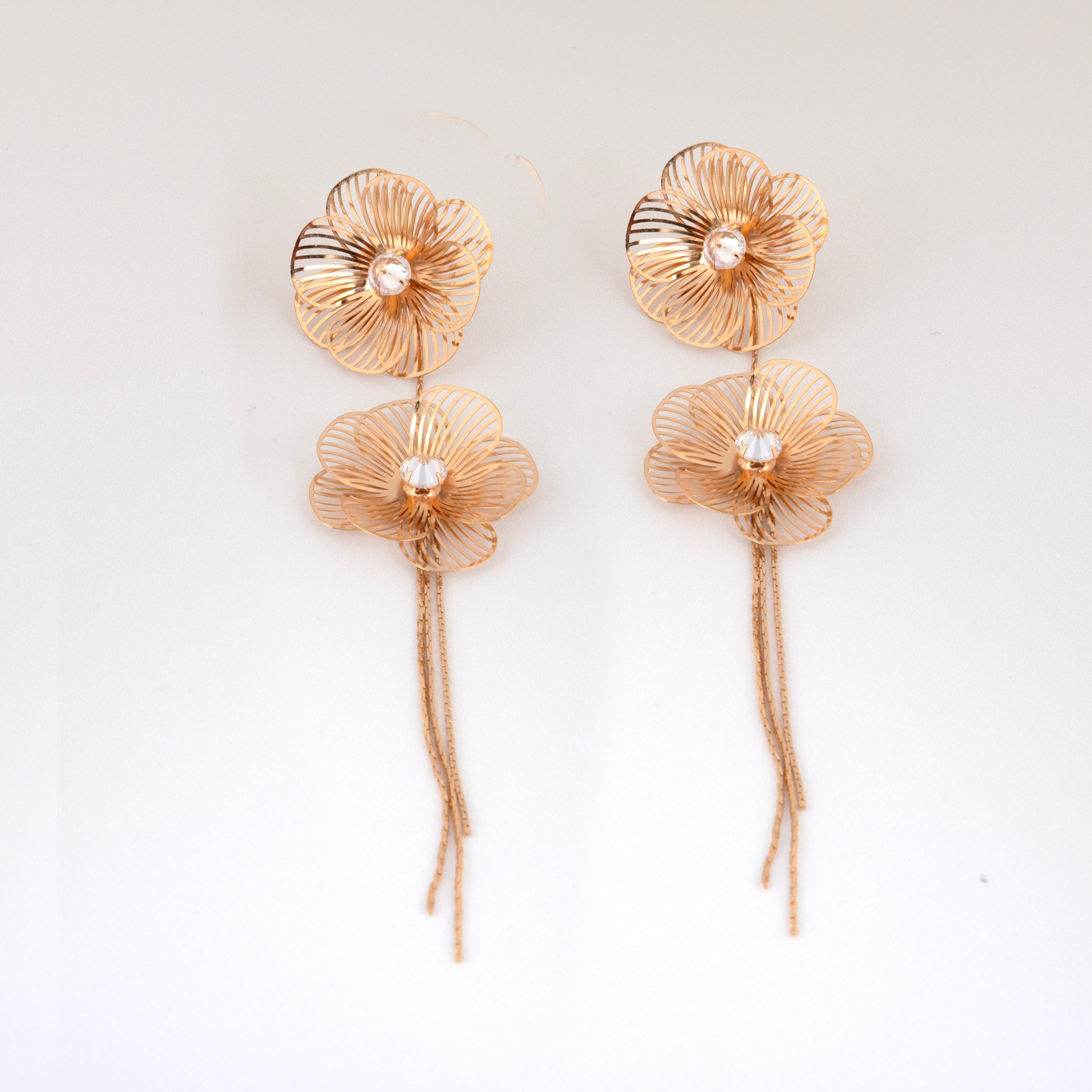 Filigree Double Flower Drop Earrings with Crystals