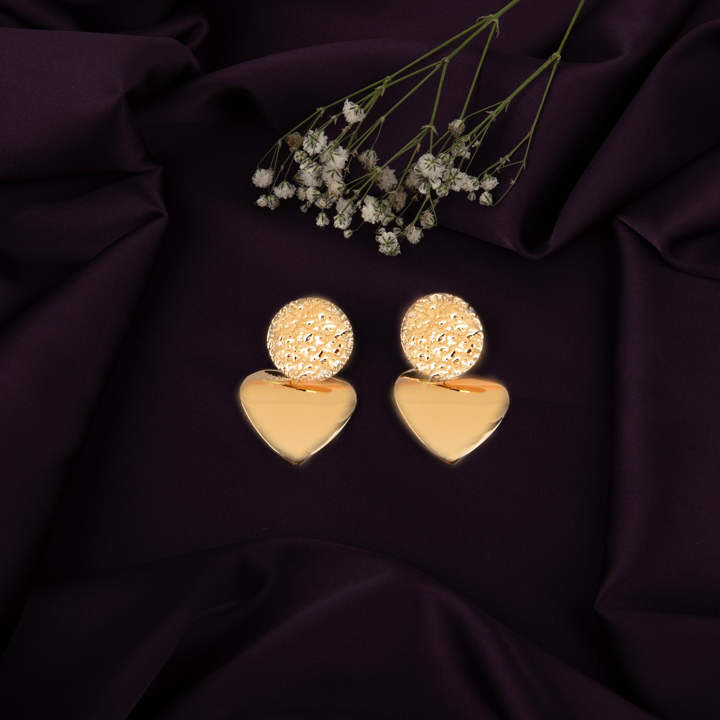 LA FILLE D'OR Handcrafted Floral Stud Earrings, Gold Plated, Heart Shaped