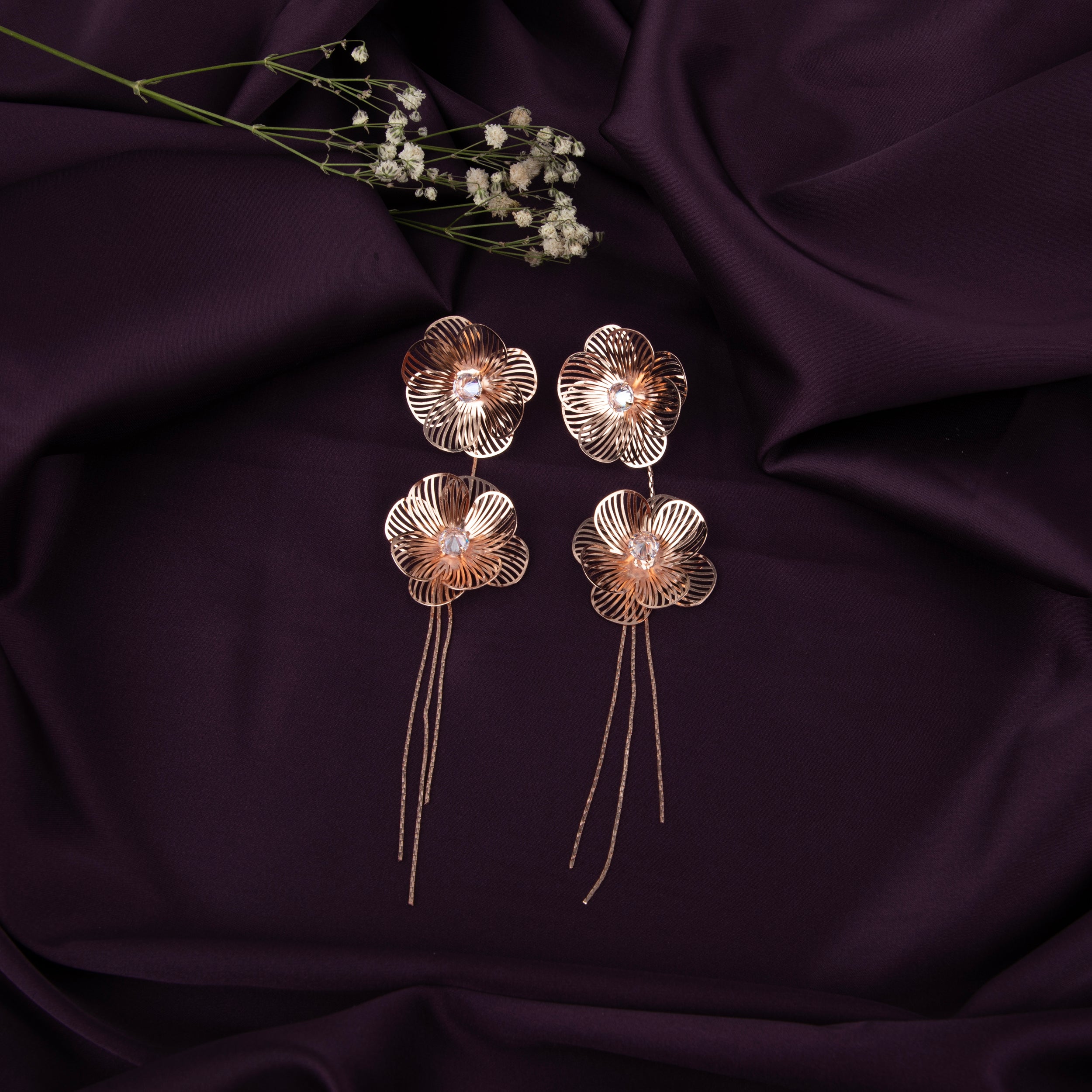 Filigree Double Flower Drop Earrings with Crystals