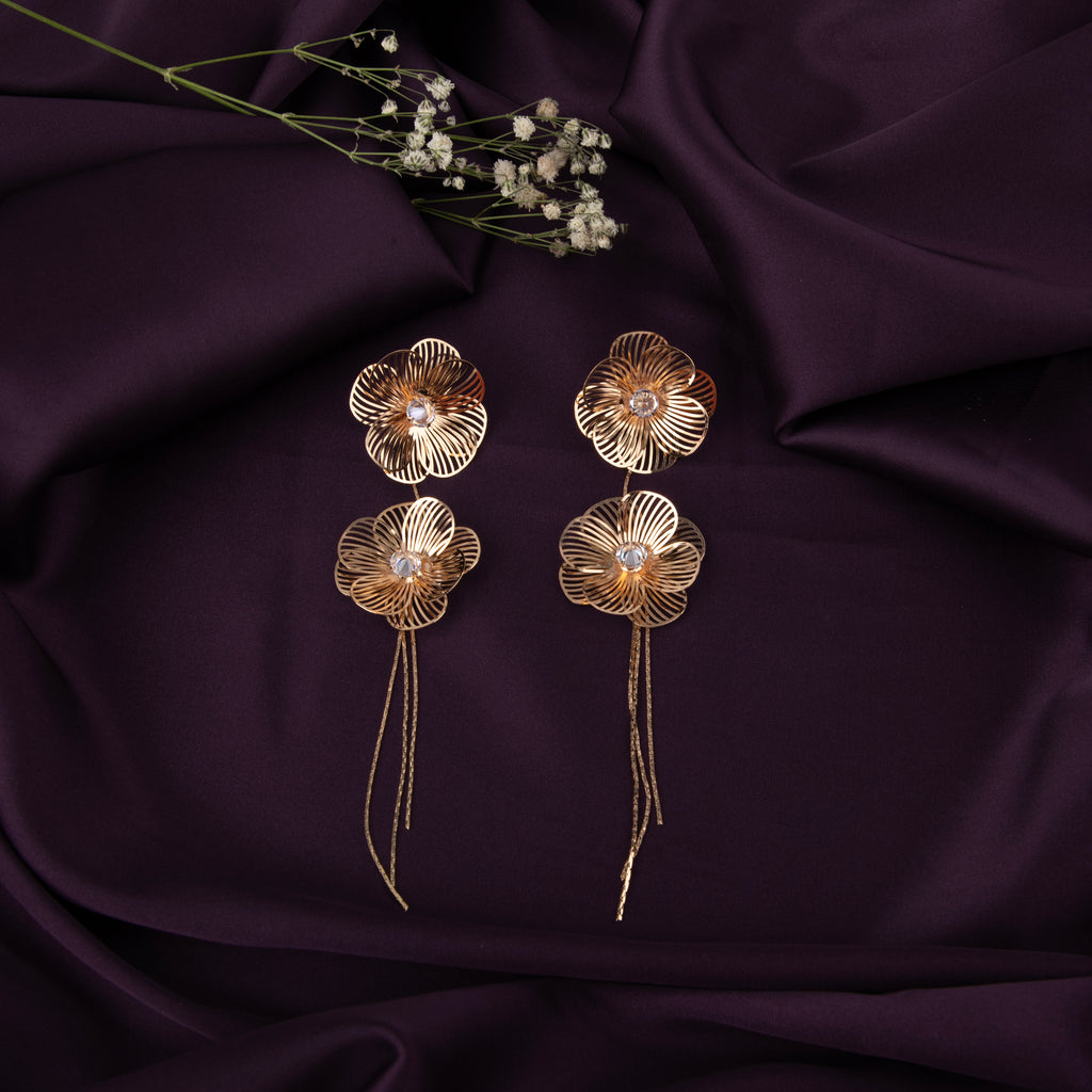 Filigree Double Flower Drop Earrings with Crystals