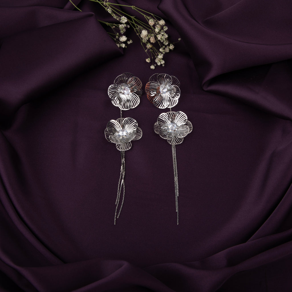 Filigree Double Flower Drop Earrings with Crystals