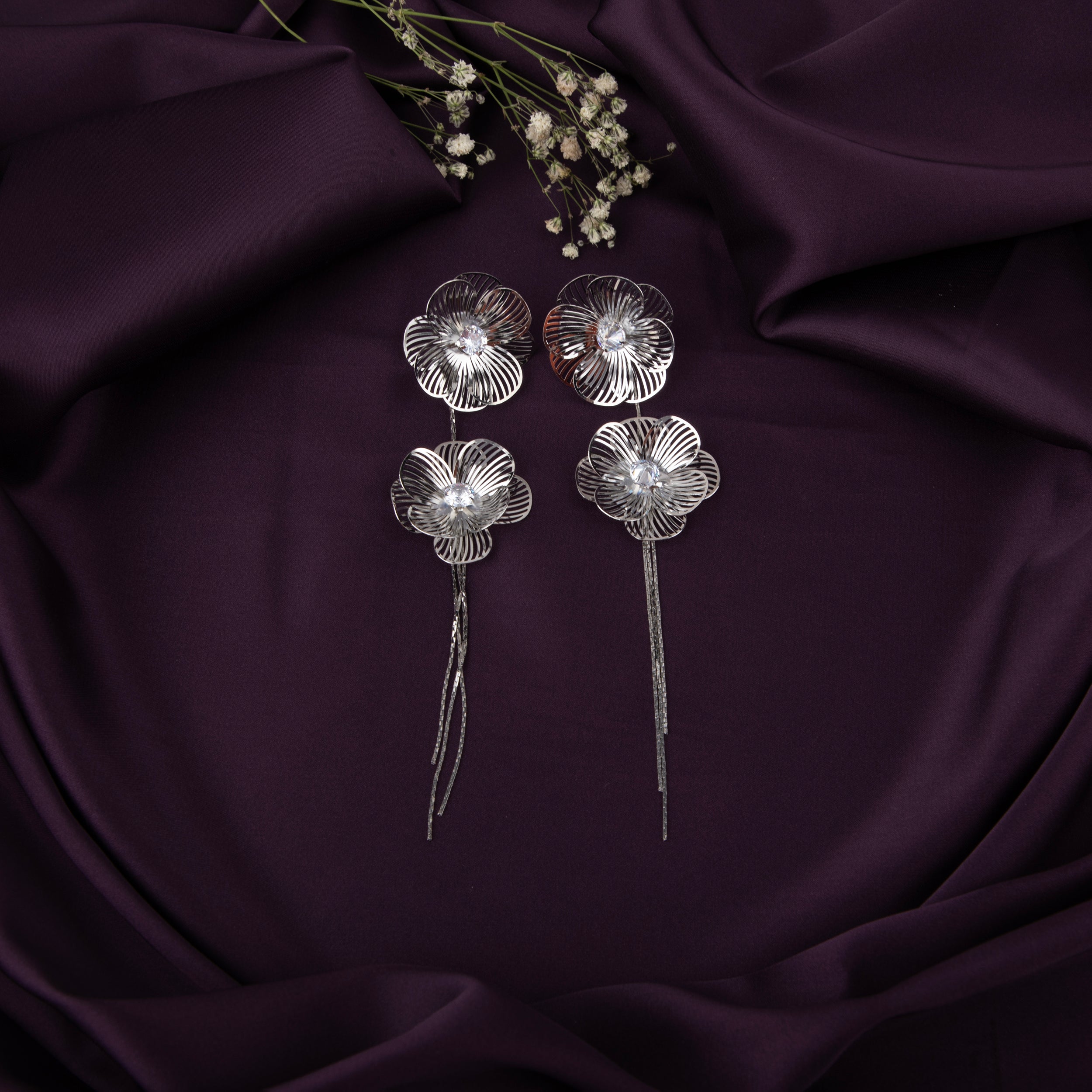 Filigree Double Flower Drop Earrings with Crystals