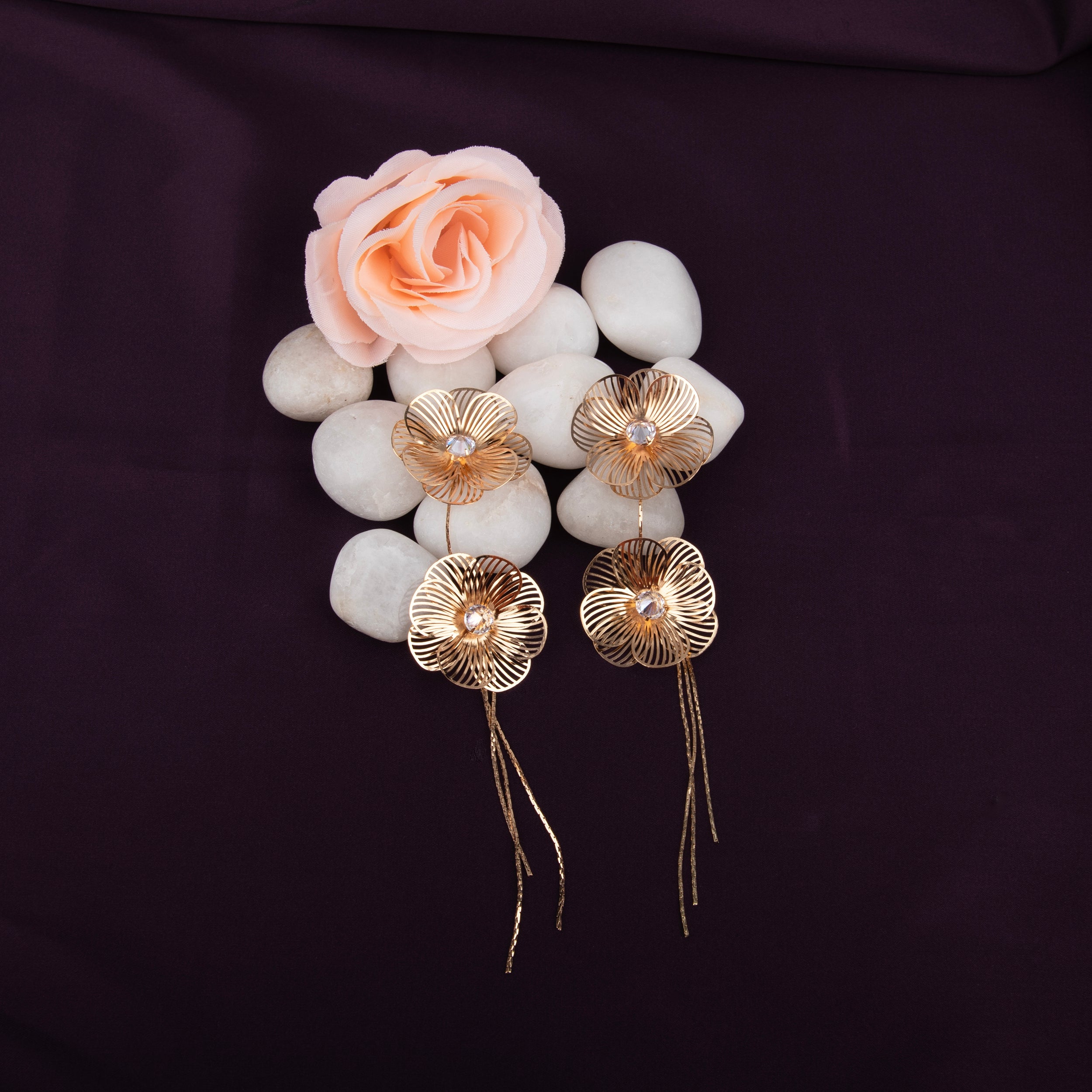 Filigree Double Flower Drop Earrings with Crystals