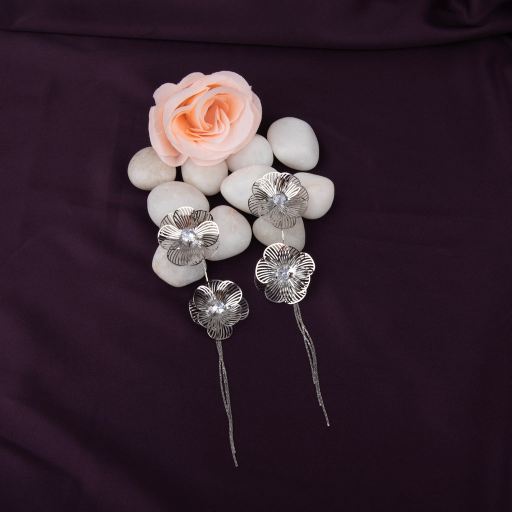 Filigree Double Flower Drop Earrings with Crystals
