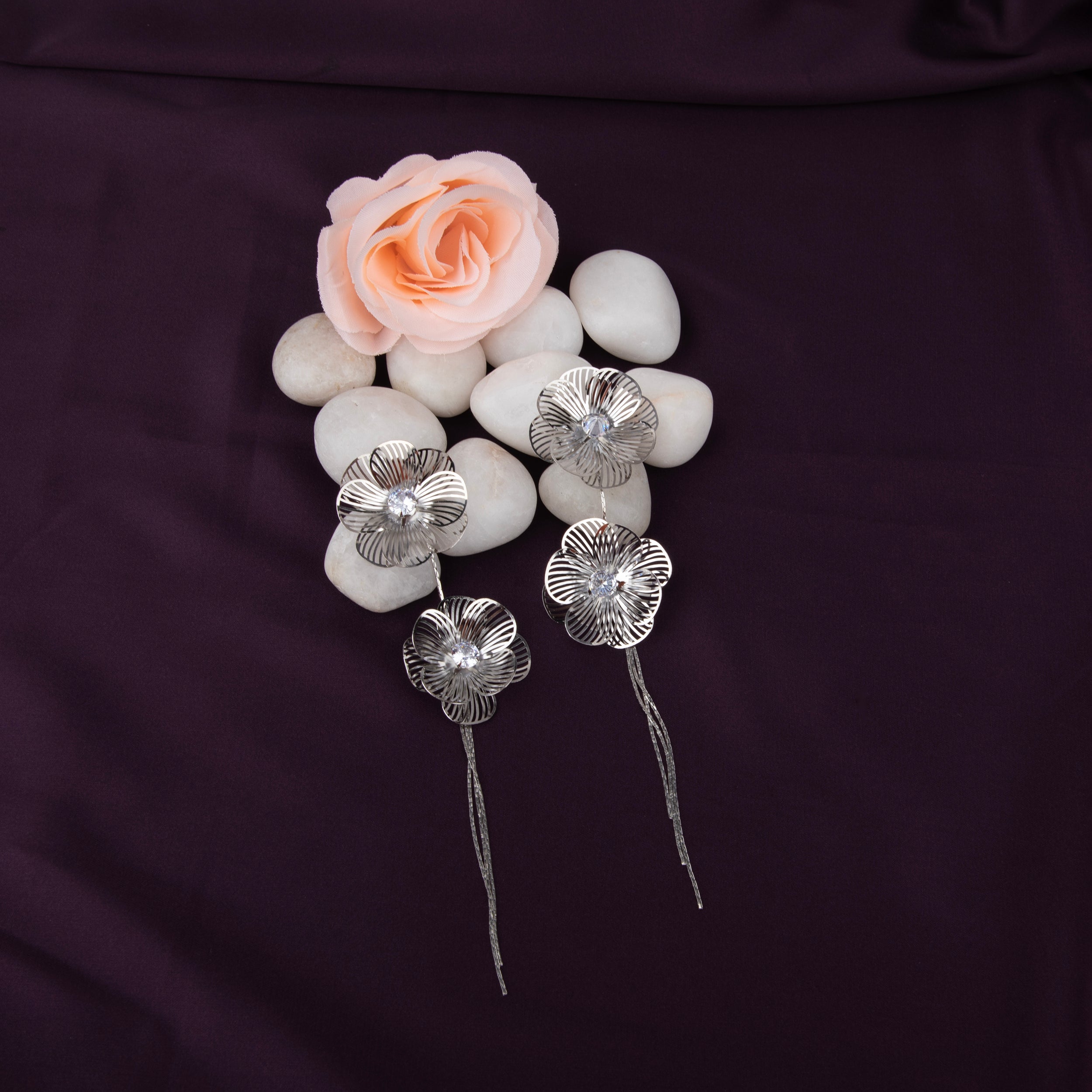 Filigree Double Flower Drop Earrings with Crystals