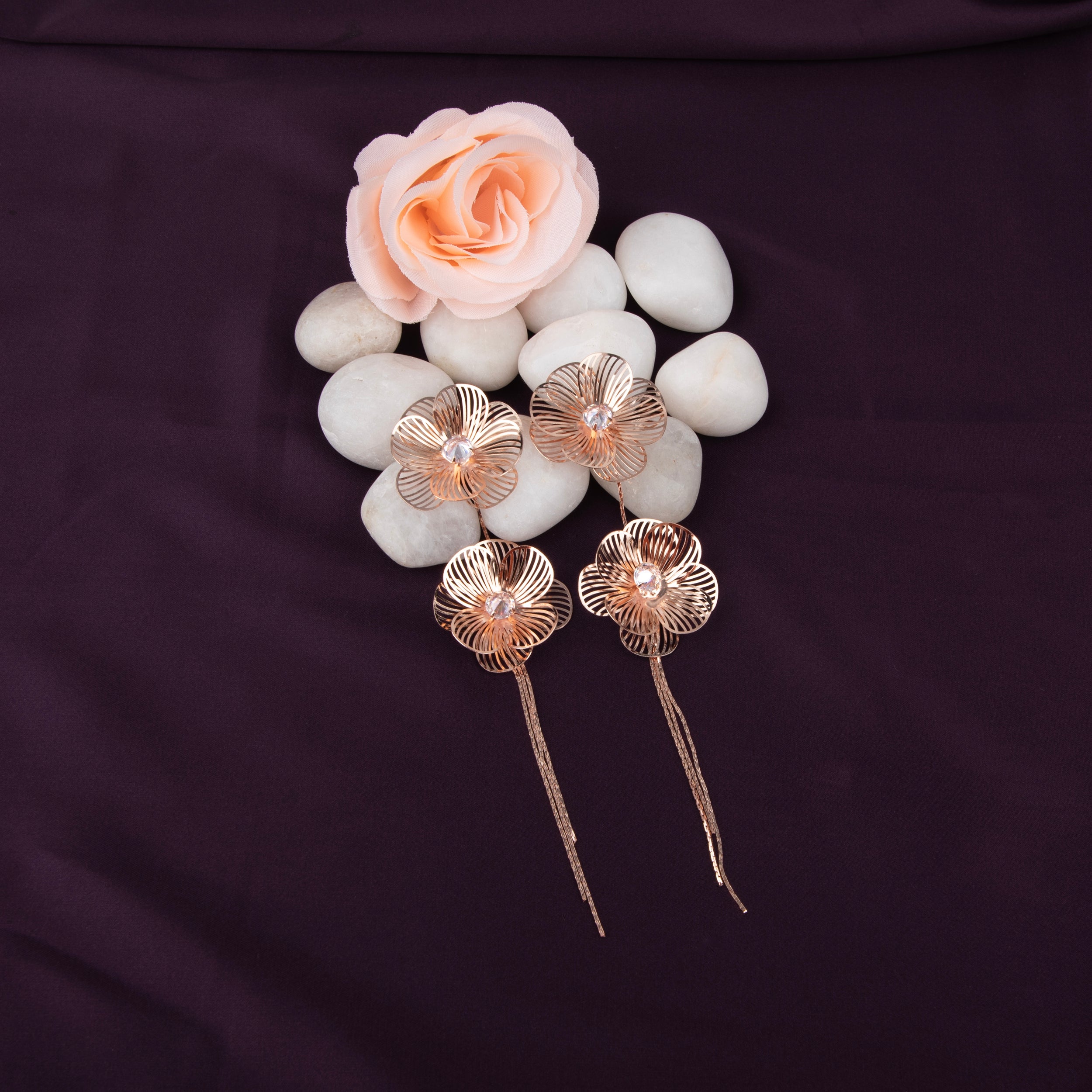 Filigree Double Flower Drop Earrings with Crystals
