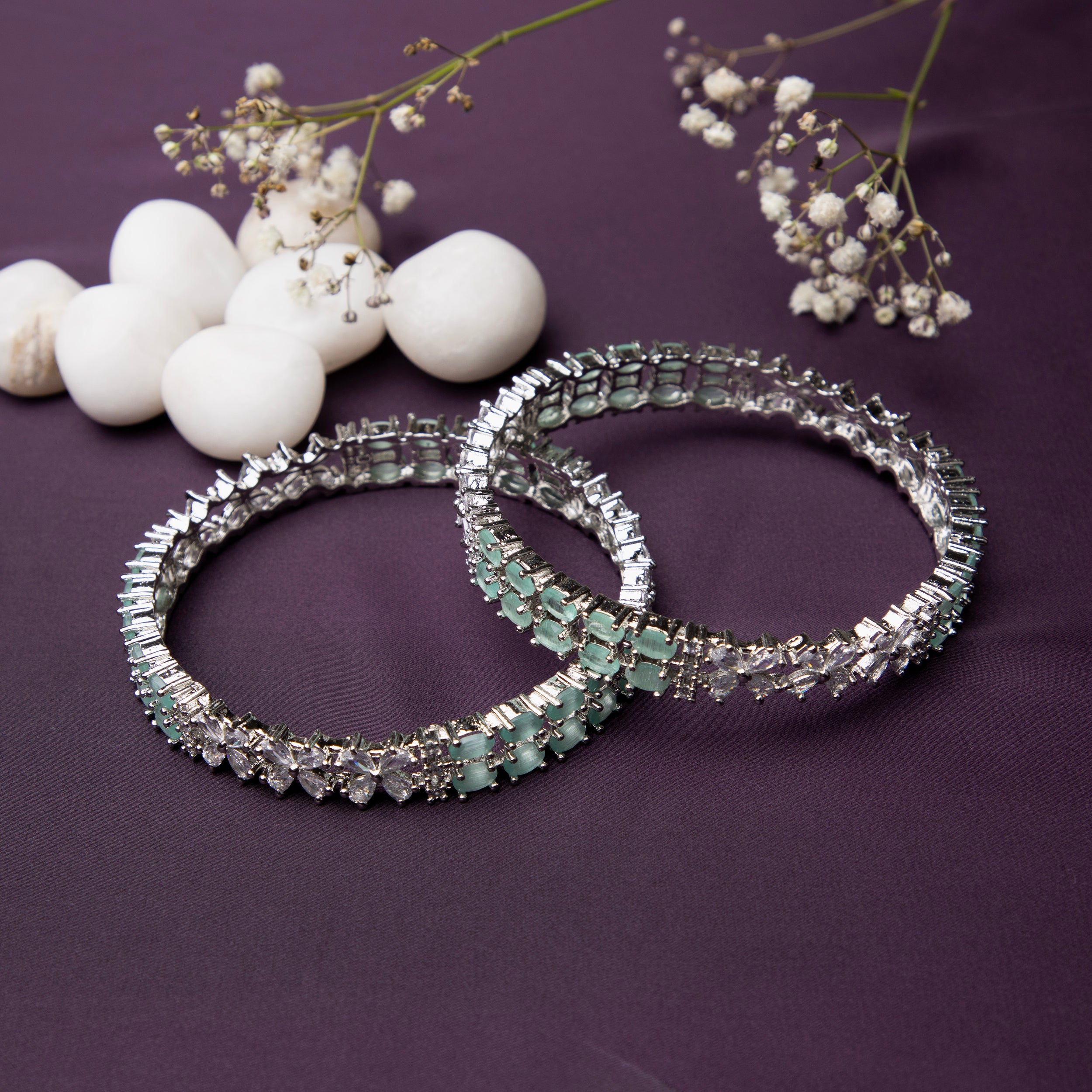 LA FILLE D'OR Silver toned Aquamarine Crystal Bangles Set , Traditional Design ,Set 0f 2