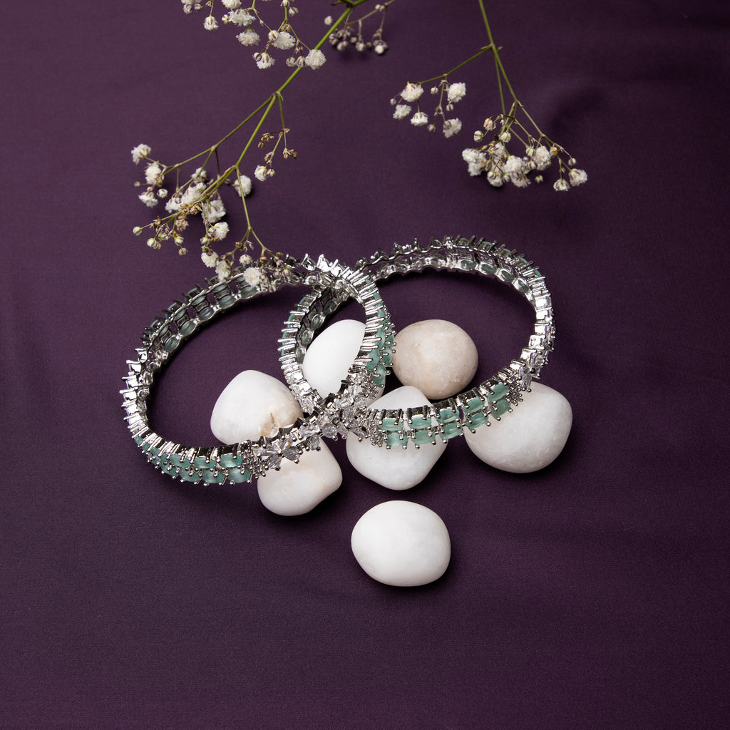 LA FILLE D'OR Silver toned Aquamarine Crystal Bangles Set , Traditional Design ,Set 0f 2