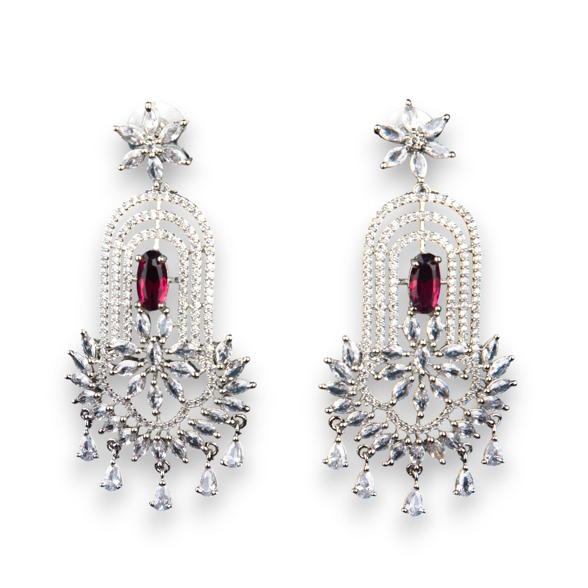 chandelier-style earrings with intricate detailing and a cascade of shimmering crystals.