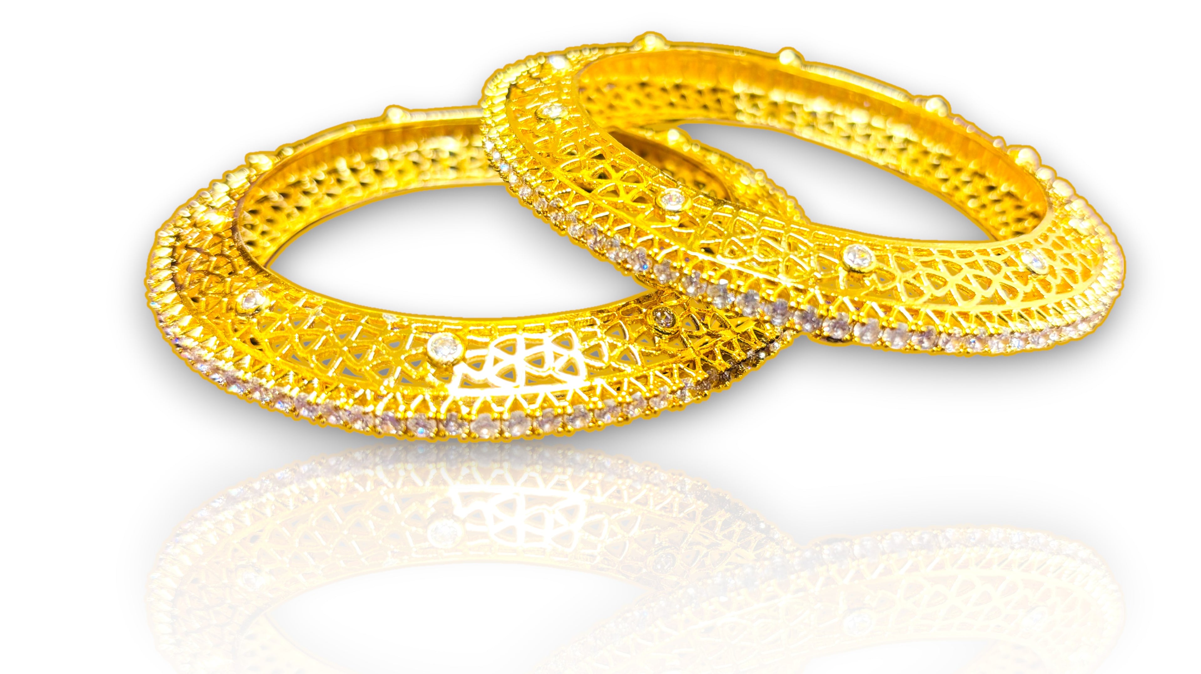 LA FILLE D'OR Gold-Plated Traditional Bangles with Crystal Stones, Filigree Design, Set of 2