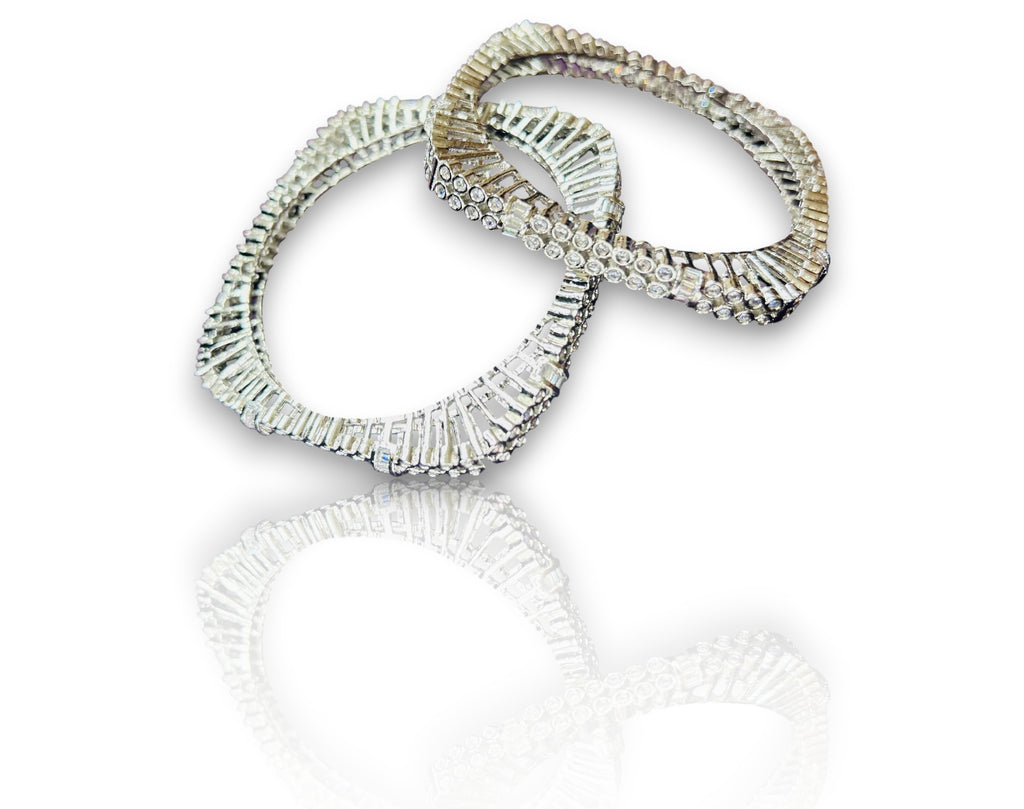 LA FILLE D'OR Crystal Rhinestone Bangle Set, Silver-Toned Art Deco Design, 2-Piece Fashion Bracelet