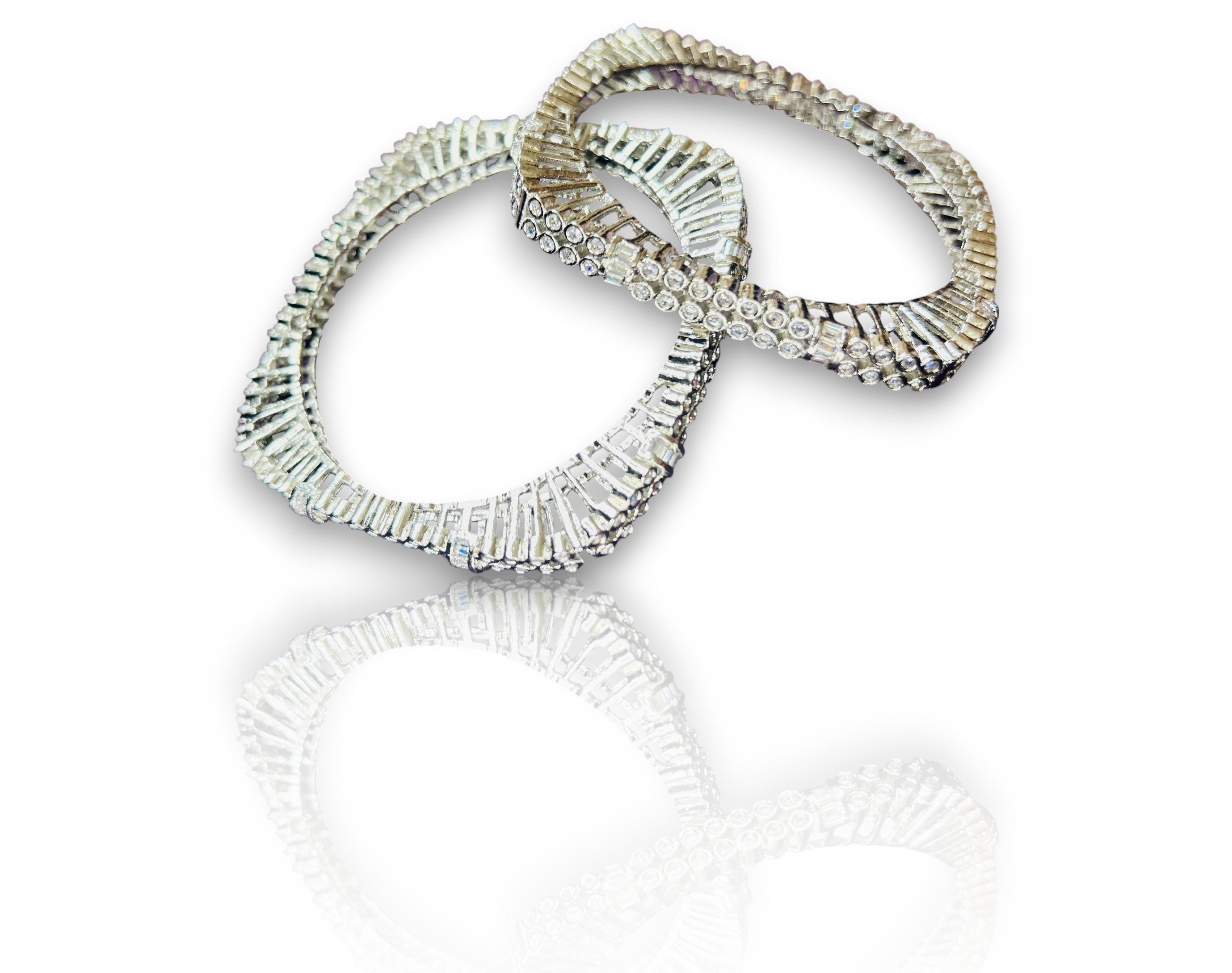 LA FILLE D'OR Crystal Rhinestone Bangle Set, Silver-Toned Art Deco Design, 2-Piece Fashion Bracelet