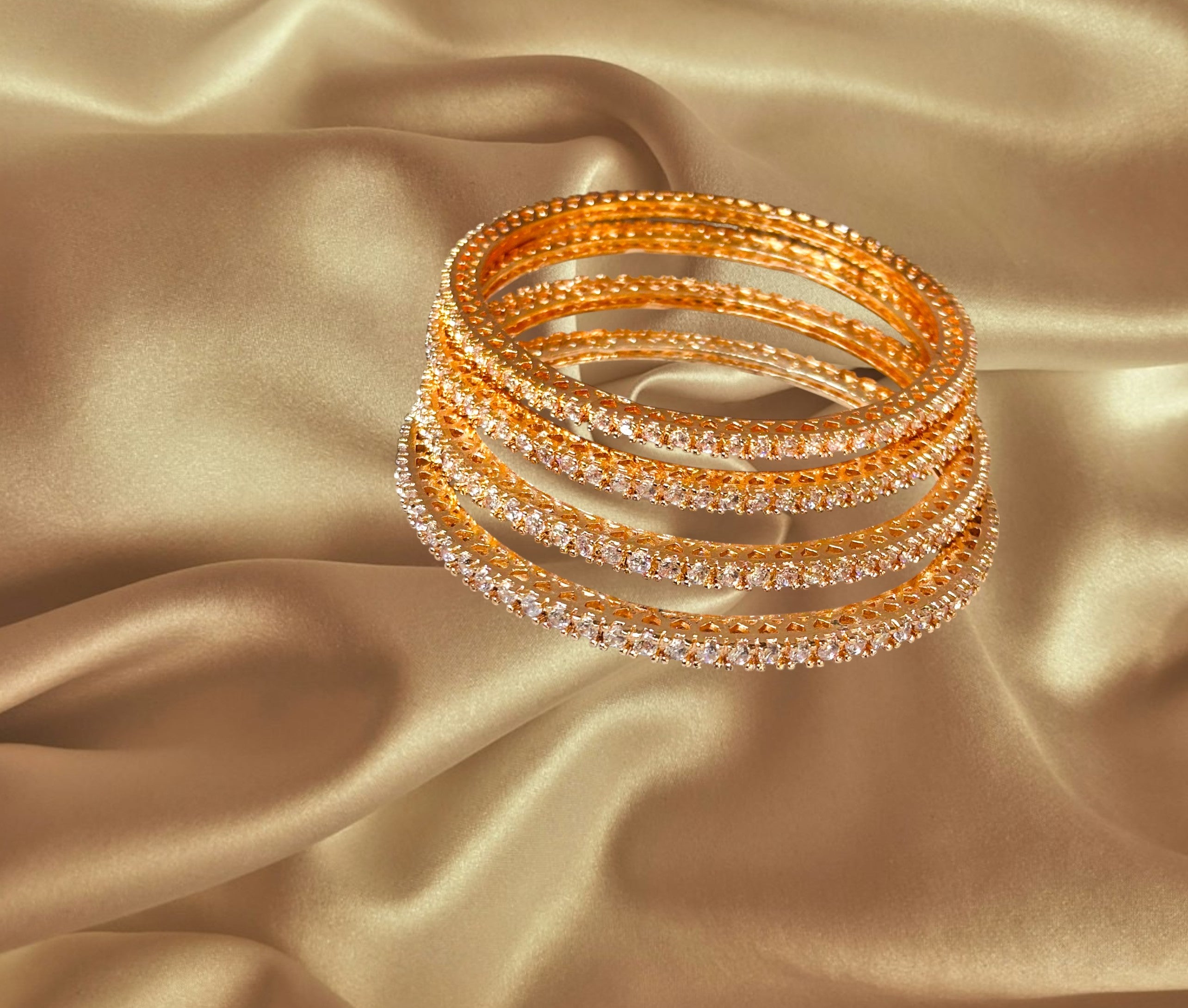 LA FILLE D'OR Rose Gold Crystal Bangles Set, Traditional Design, 4 Pieces