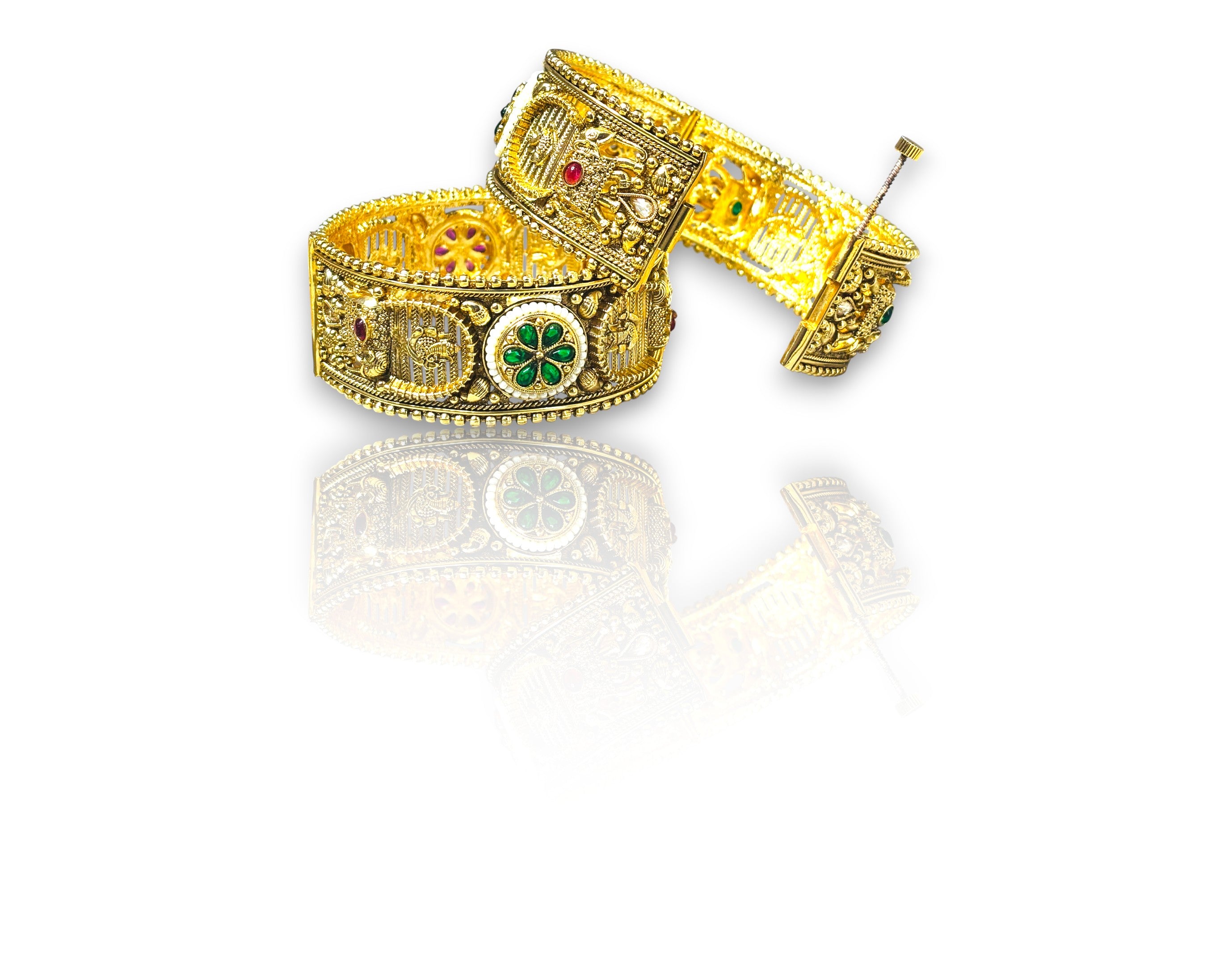 LA FILLE D'OR Traditional Gold-Plated Bangles with Ruby and Emerald Floral Design, Wide Cuff Style, Set of 2
