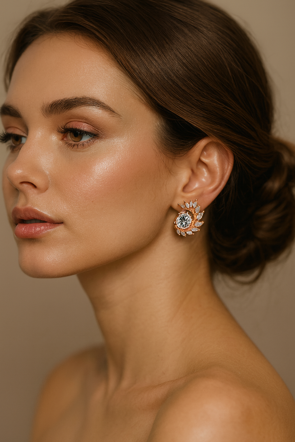 LA FILLE D'OR Crystal Stud Earrings with Centre Stone, Rose Gold Plated, Floral Design.