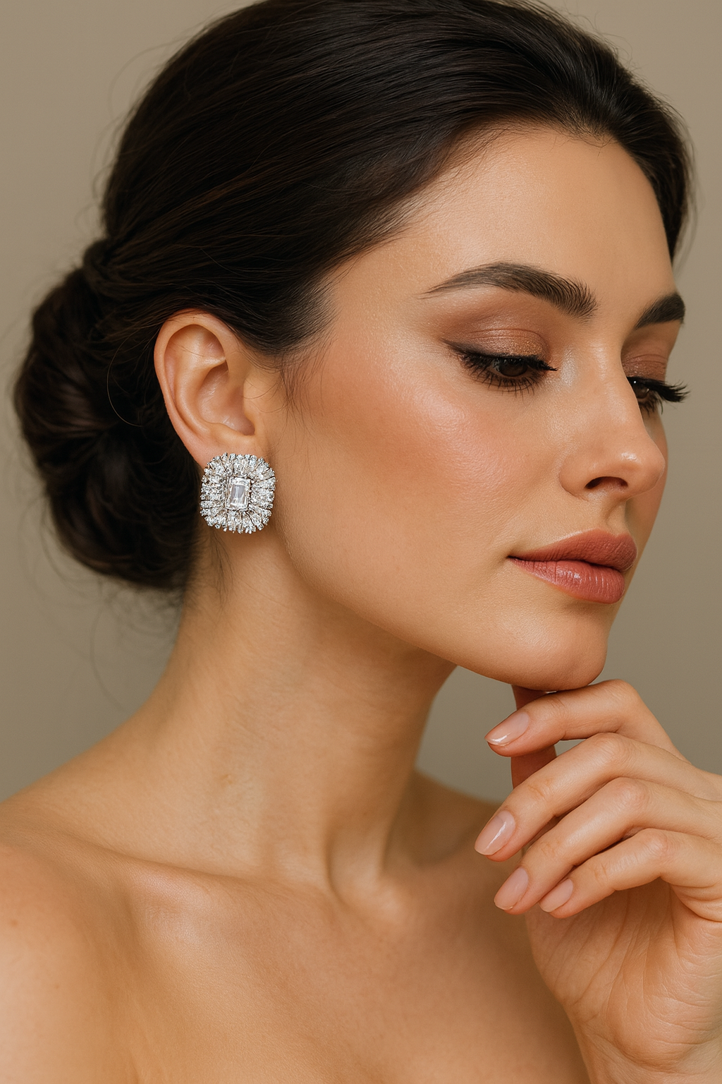 LA FILLE D'OR Luxury Crystal Square Stud Earrings, Cubic Zirconia Halo Design
