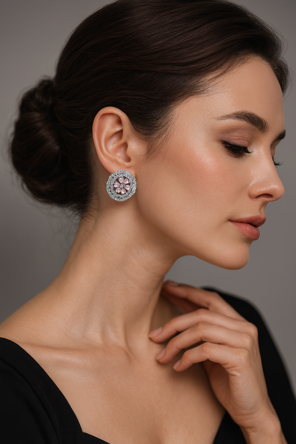 LA FILLE D'OR Crystal Floral Stud Earrings, Round Cut, 2.5 cm, PINK COLOR (SILVER PINK)