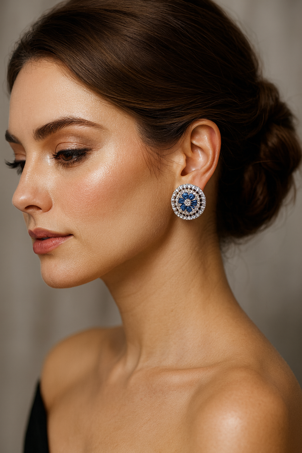 LA FILLE D'OR Crystal Floral Stud Earrings, Round Cut, 2.5 cm, Green COLOR (Blue Silver)