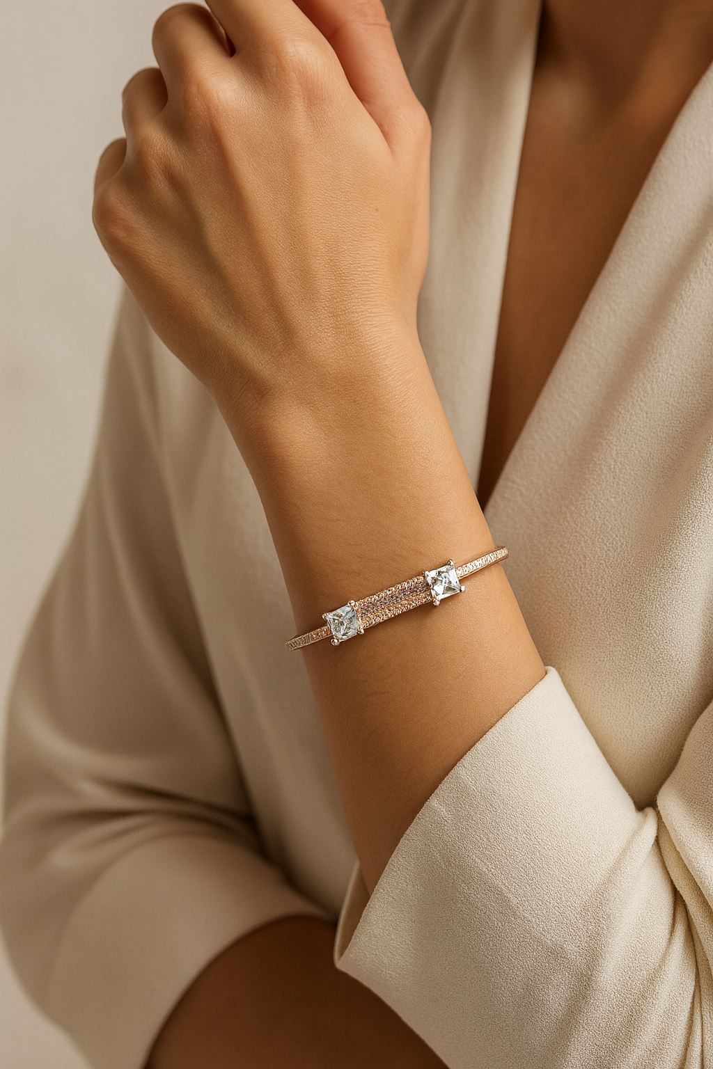 Rose Gold colour Bangle Bracelet with Cubic Zirconia Stones
