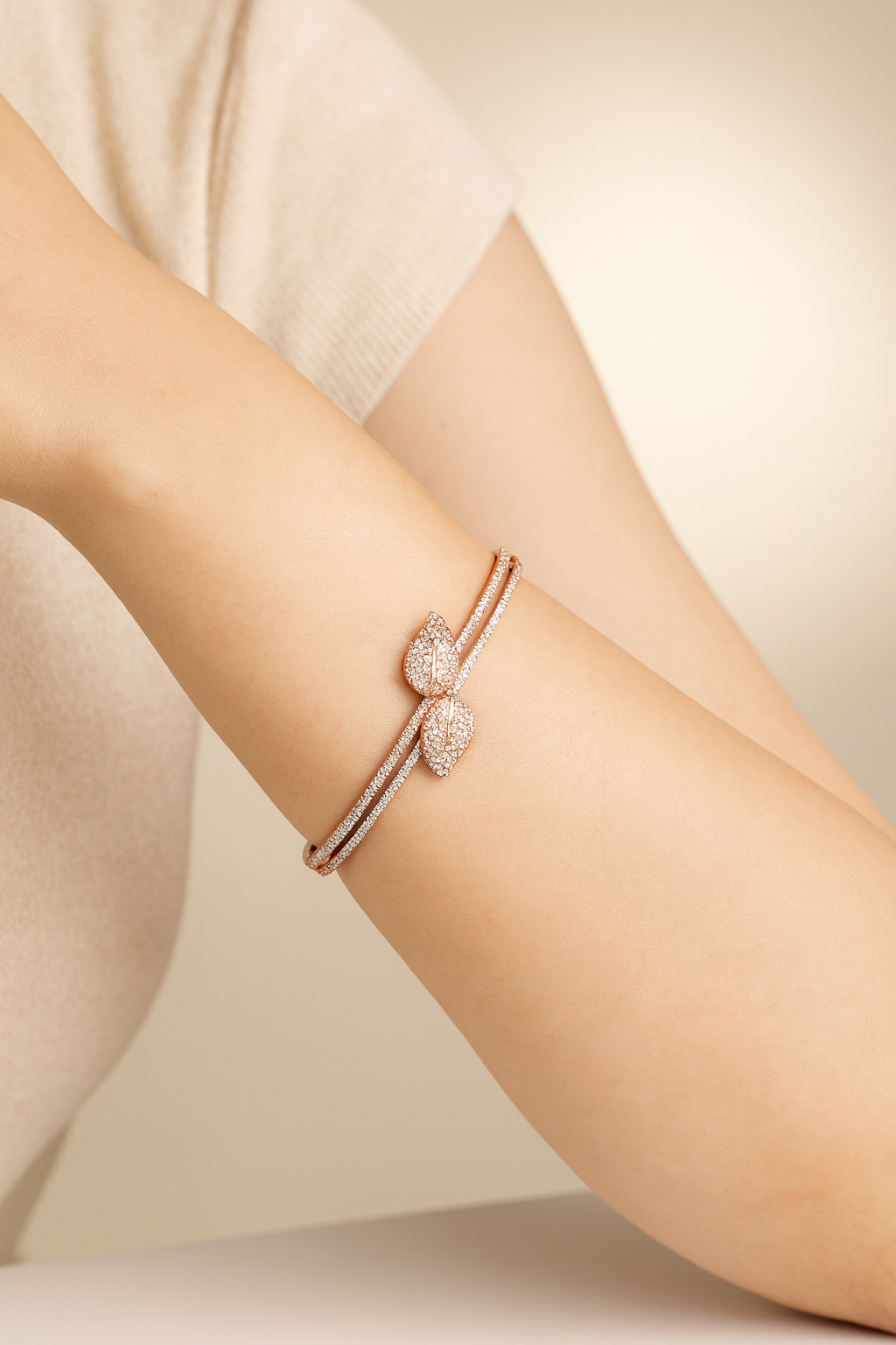 Rose Gold Colour American Diamond Accent Bow Bangle Bracelet