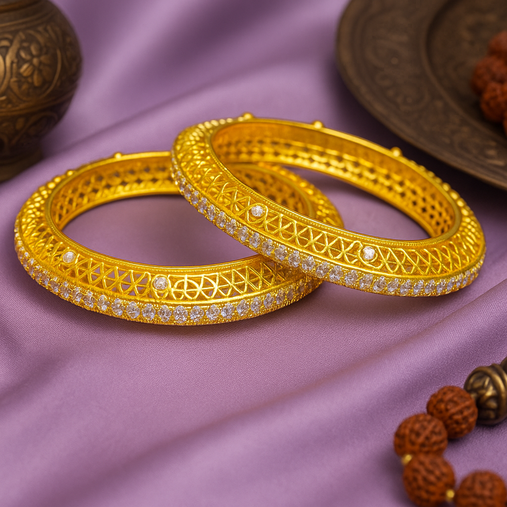 LA FILLE D'OR Gold-Plated Traditional Bangles with Crystal Stones, Filigree Design, Set of 2