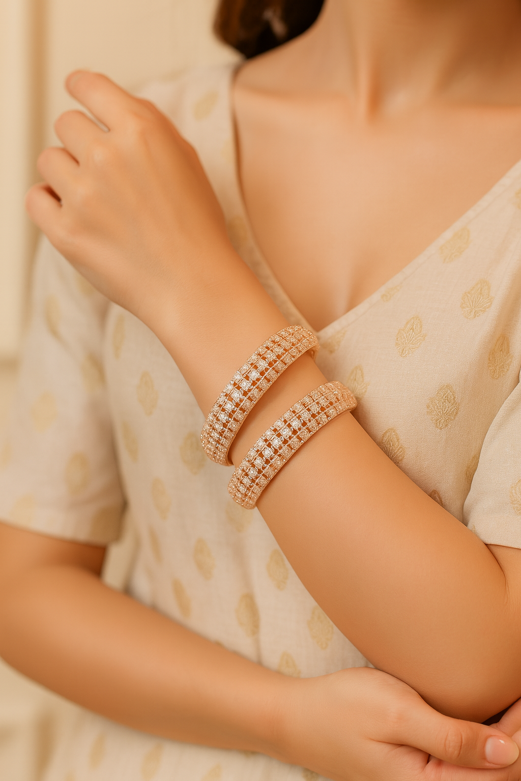 LA FILLE D'OR Elegant Rose Gold Crystal BangleS, Rhinestone Encrusted Design, Fashion Jewellery, Set of 2