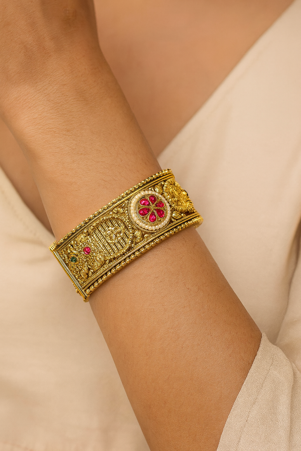 LA FILLE D'OR Traditional Gold-Plated Bangles with Ruby and Emerald Floral Design, Wide Cuff Style, Set of 2