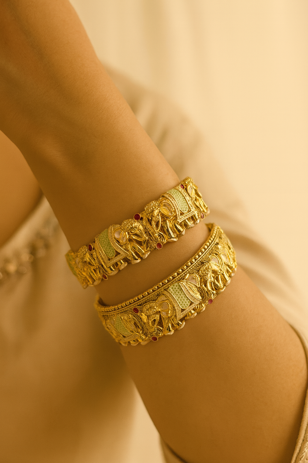 LA FILLE D'OR Vintage Gold-Plated Bracelet, Enamel Design, Ornate Filigree Pattern, SET OF 2